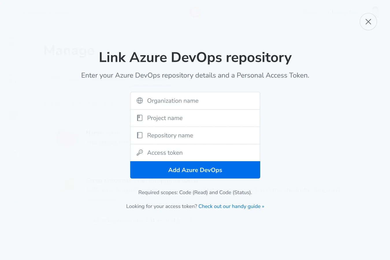 The Link Azure DevOps repository dialog, with fields for organization name, project name, repository name, and access token, an Add Azure DevOps button, and a note listing the required scopes: Code (Read) and Code (Status)