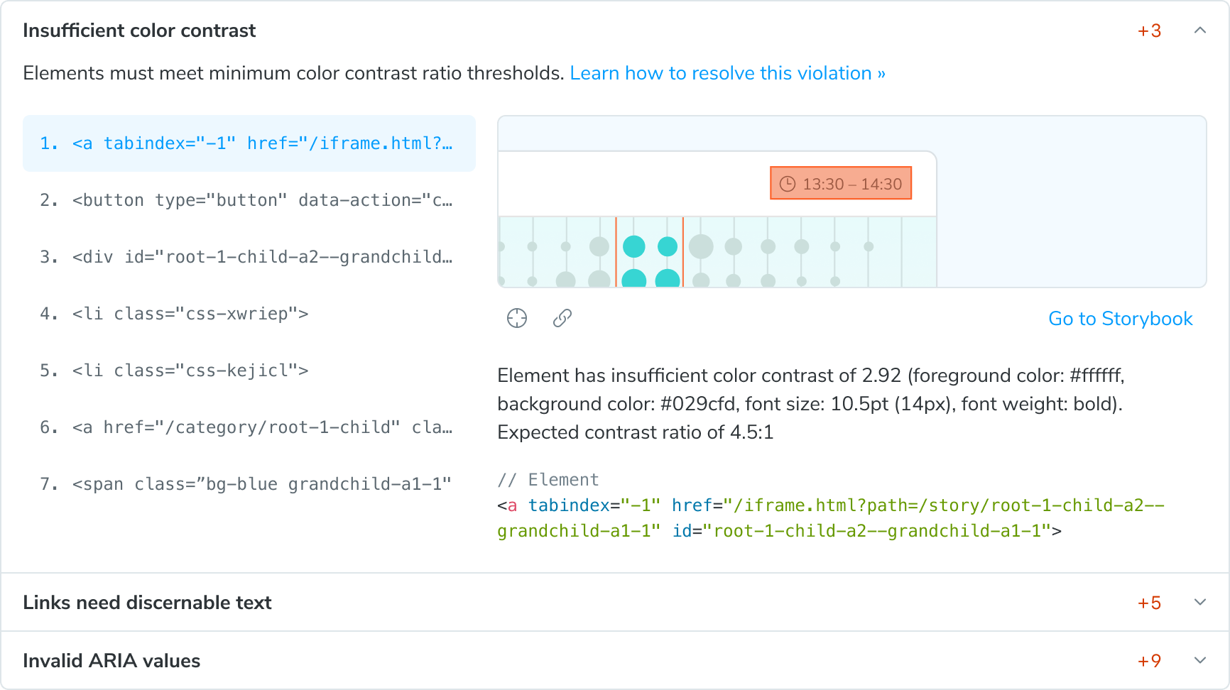 Example of a detailed report for a component. It lists out all the violations for this component. Clicking on one gives you further details, including a screenshot with the violations highlighted, so you know which DOM node needs fixing.